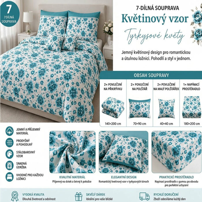 Bavlněné povlečení 7-dílná sada tyrkysové květiny - Obrázek 2