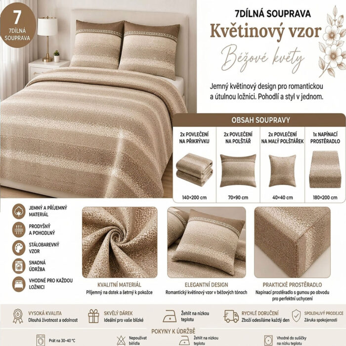 Bavlněné povlečení 7-dílná sada – béžové květy 100% bavlna - Obrázek 3