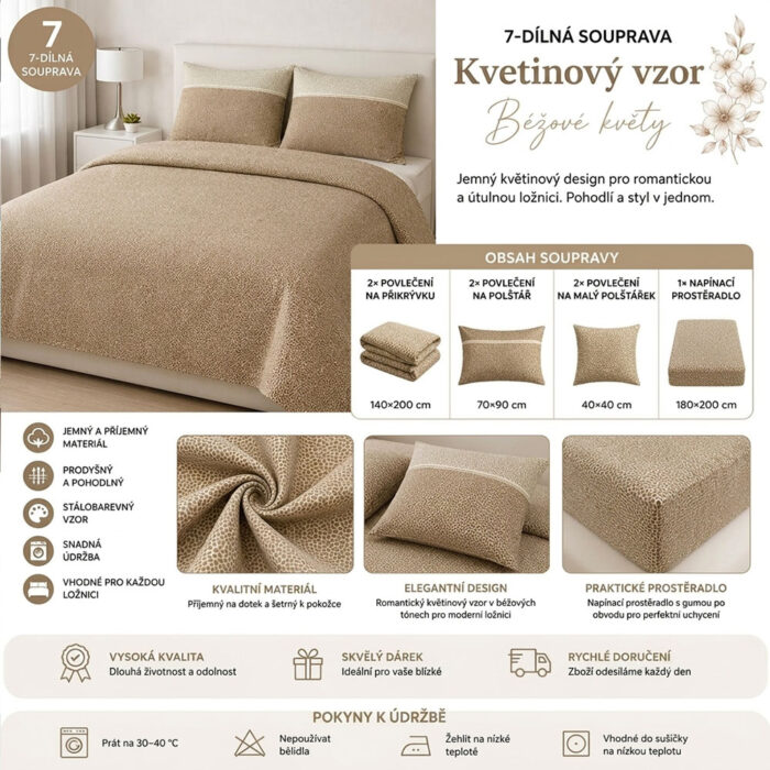 Bavlněné povlečení 7-dílná sada – béžové květy 100% bavlna - Obrázek 3